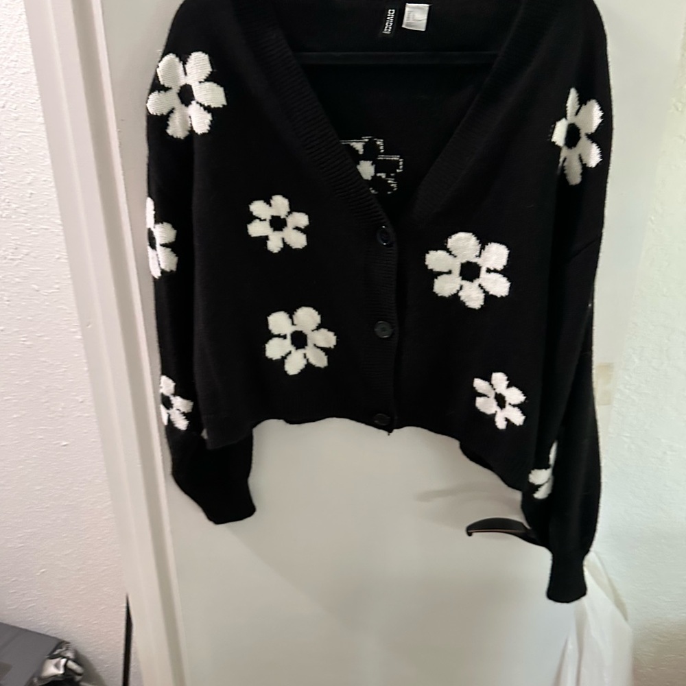 Divided Black Cardigan with White Floral Knit